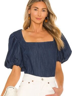 NEW Frame Denim Nina Cropped Puff-Sleeve Blouse in Gorham Blue Denim